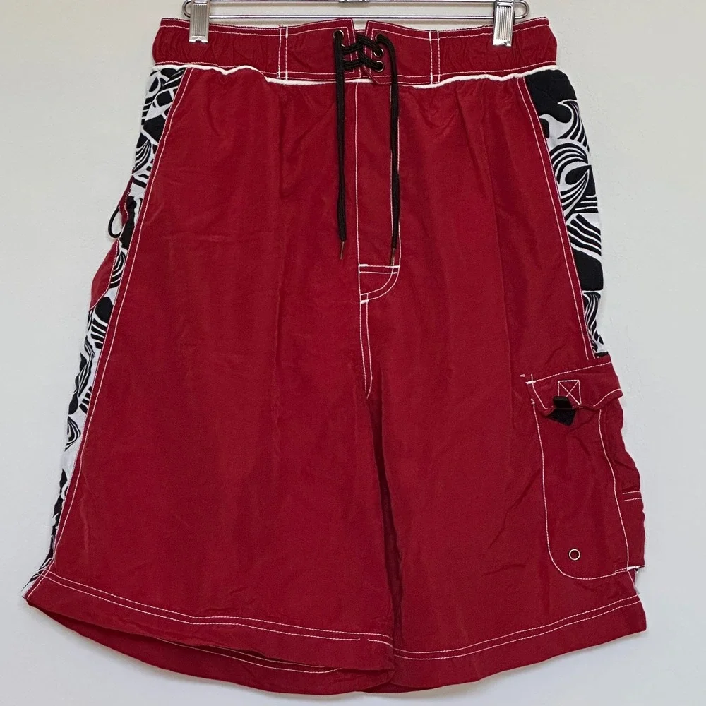 Mad Iguana Sportswear youth XL Red Tribal Wave Board Shorts Cargo Swim Trunks